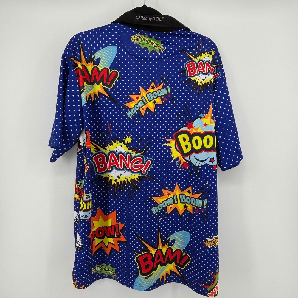 ReadyGOLF Mens Comic Book Boom Bang Pow Polka Dot Golf Polo Shirt Blue XL - Picture 4 of 9